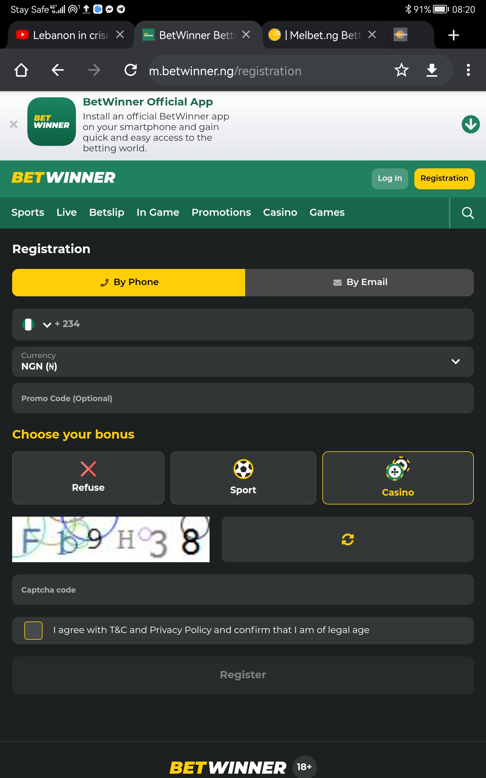 Betwinner registration by phone